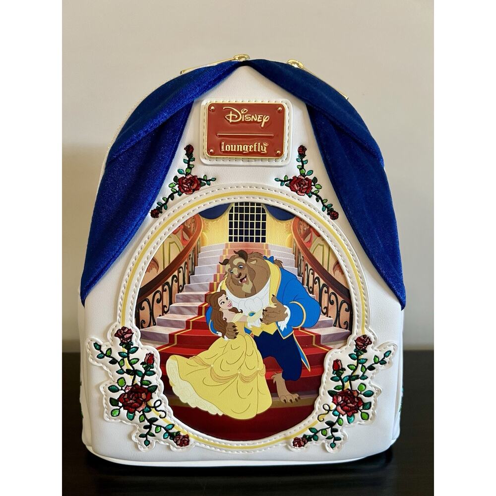 Disney Loungefly Beauty and the Beast Ballroom Blue Velvet Curtain Mini Backpack